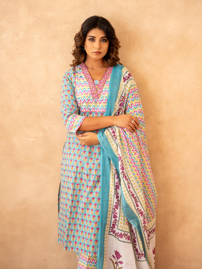 Turquoise Handblock Cotton Suit Set with Mul Cotton Dupatta