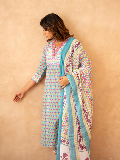 Turquoise Handblock Cotton Suit Set with Mul Cotton Dupatta
