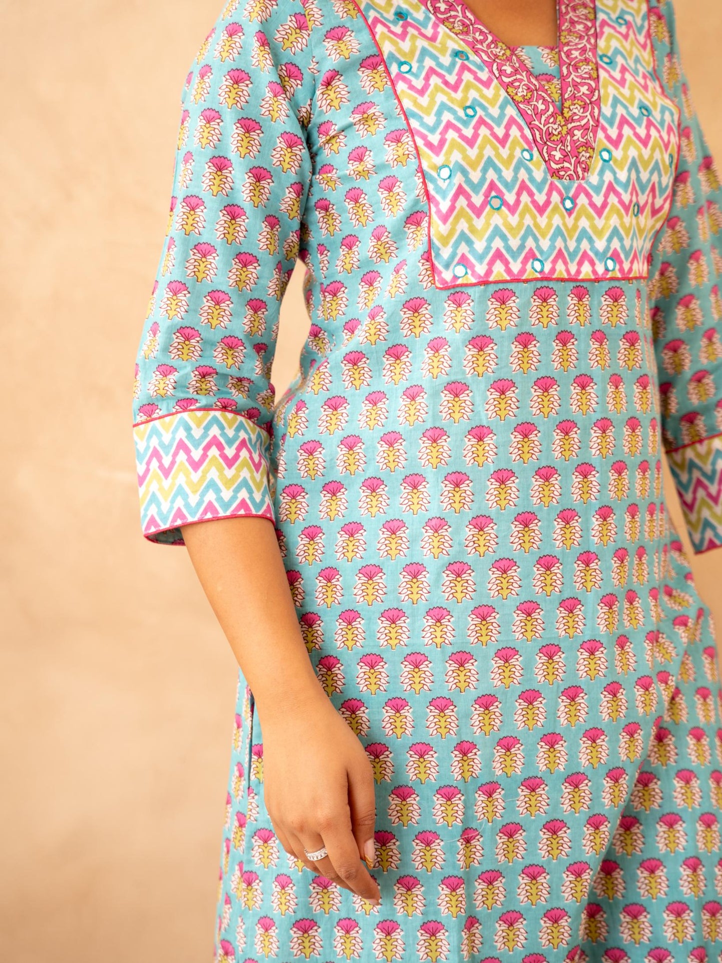 Turquoise Handblock Cotton Suit Set with Mul Cotton Dupatta