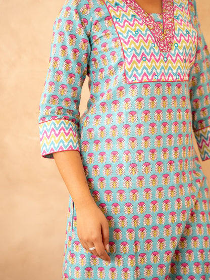 Turquoise Handblock Cotton Suit Set with Mul Cotton Dupatta