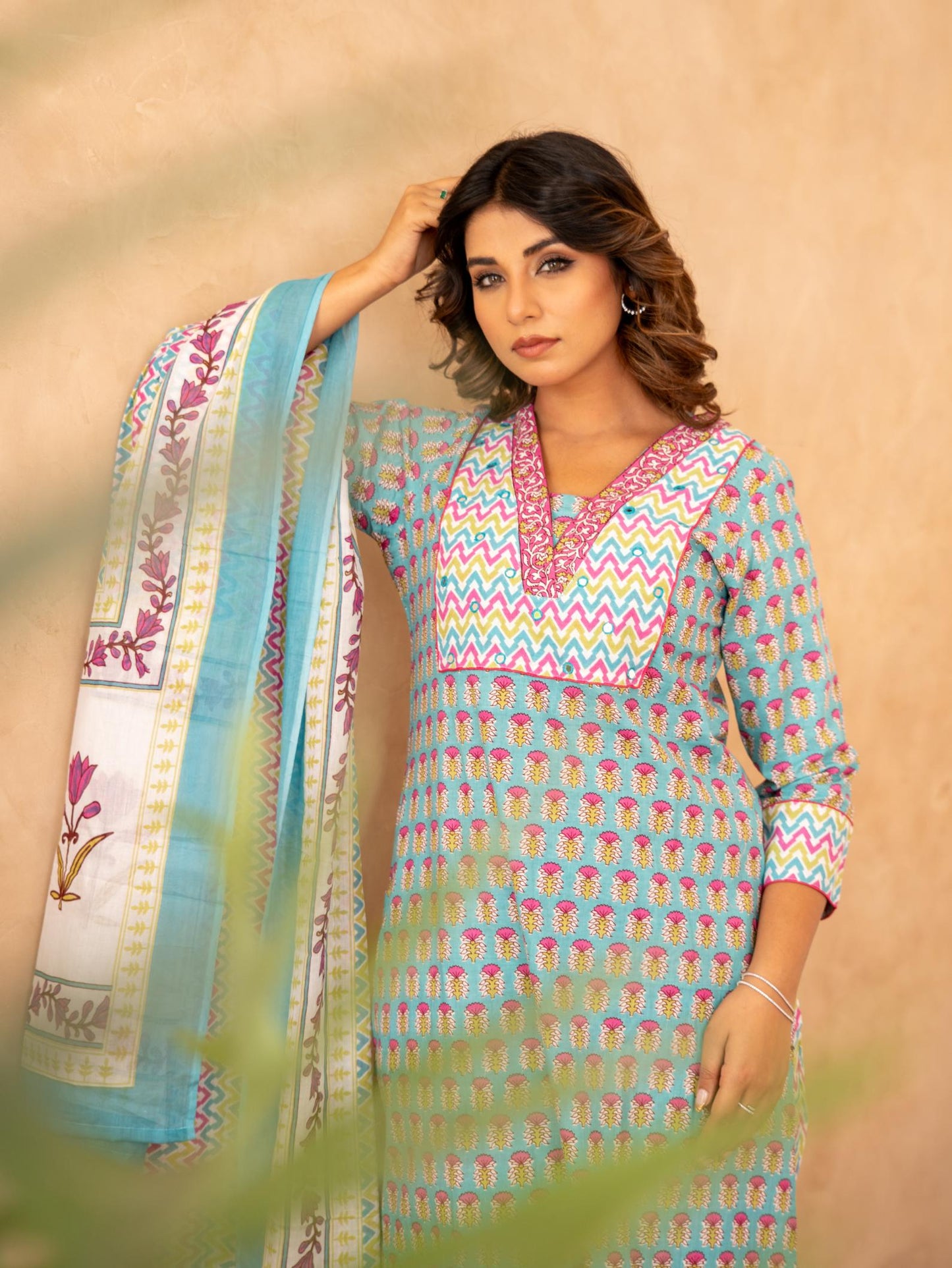 Turquoise Handblock Cotton Suit Set with Mul Cotton Dupatta