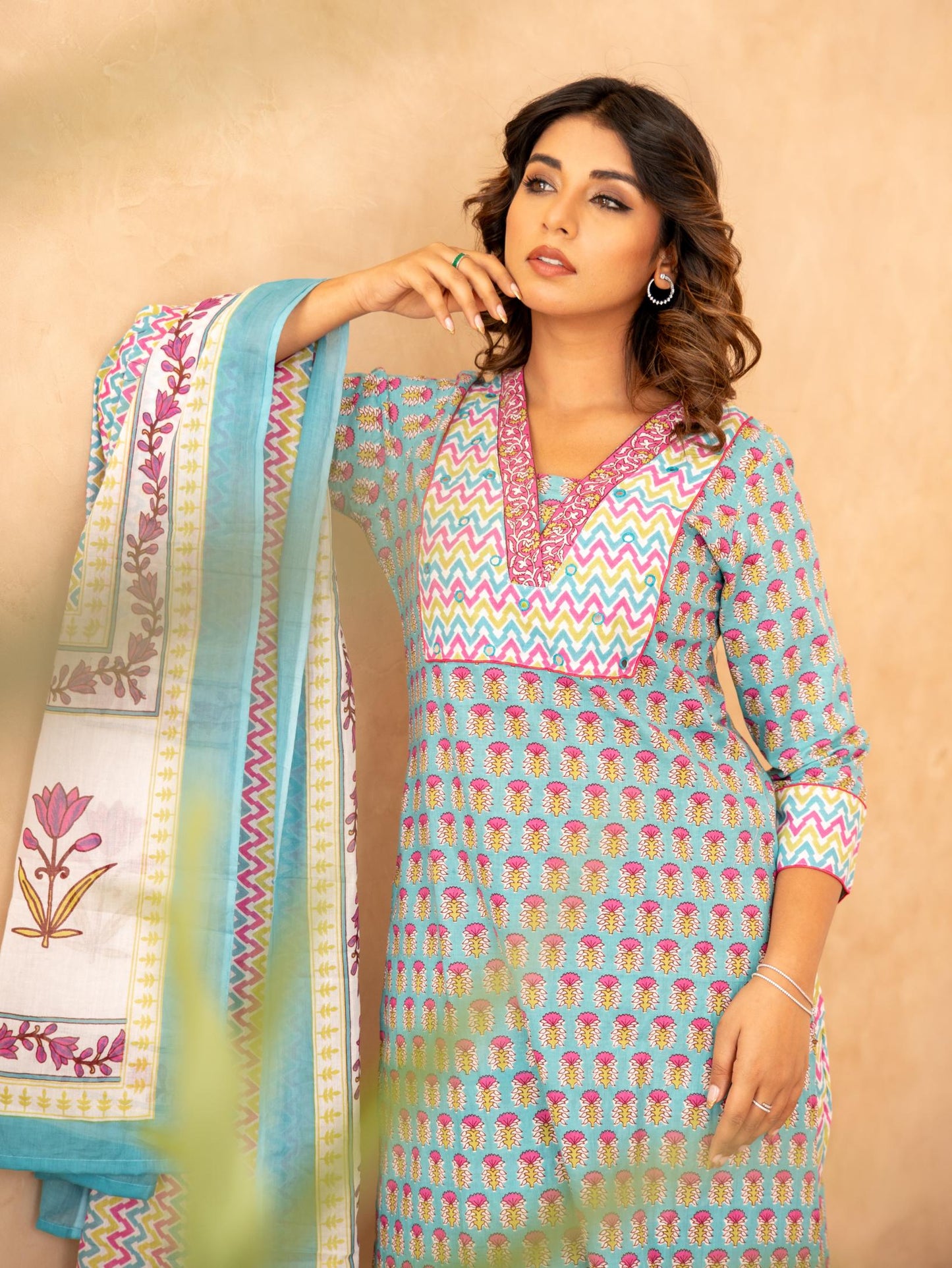 Turquoise Handblock Cotton Suit Set with Mul Cotton Dupatta