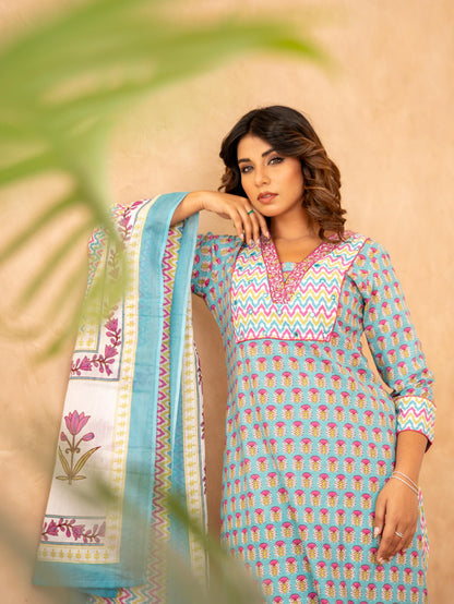 Turquoise Handblock Cotton Suit Set with Mul Cotton Dupatta