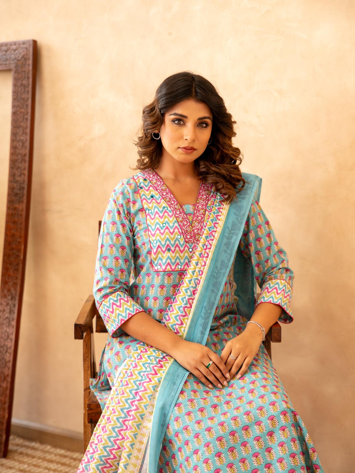 Turquoise Handblock Cotton Suit Set with Mul Cotton Dupatta