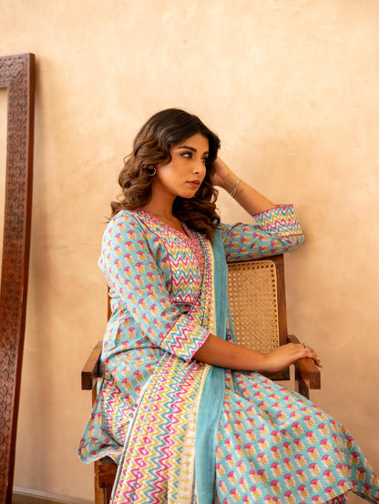 Turquoise Handblock Cotton Suit Set with Mul Cotton Dupatta
