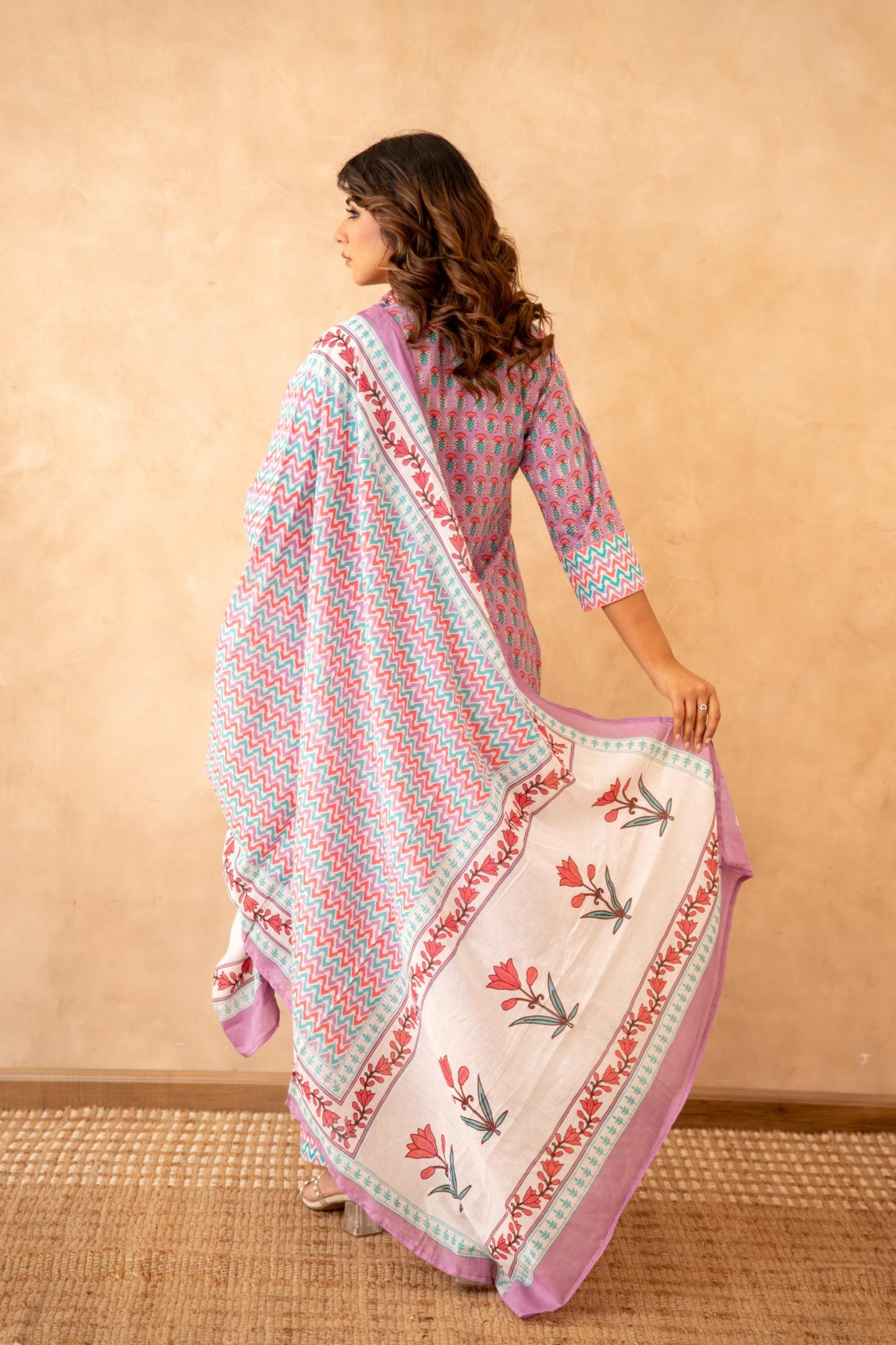 Lavender Handblock Cotton Suit Set with Mul Dupatta