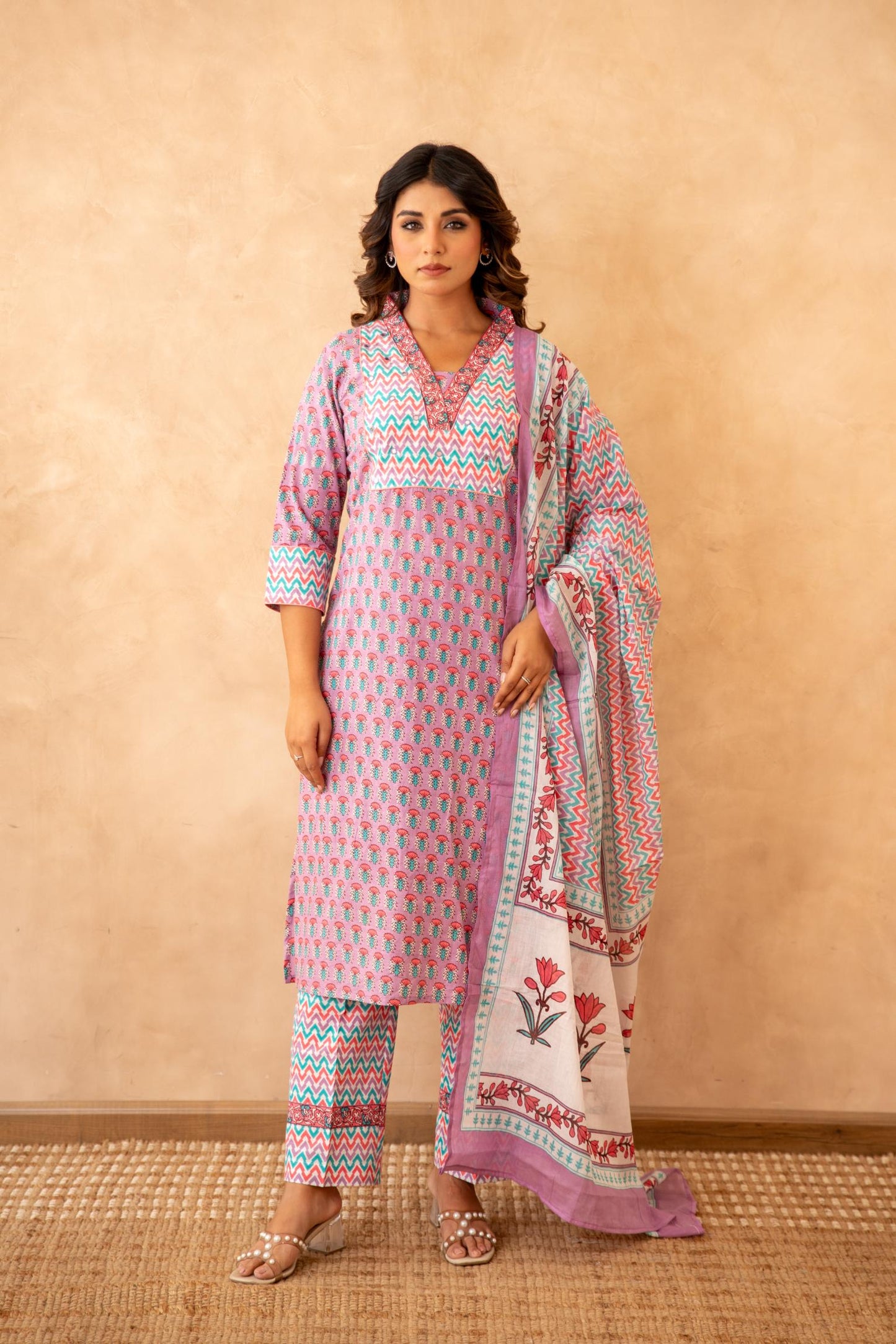 Lavender Handblock Cotton Suit Set with Mul Dupatta