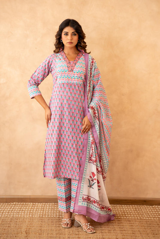 Lavender Handblock Cotton Suit Set with Mul Dupatta