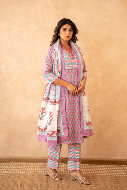 Lavender Handblock Cotton Suit Set with Mul Dupatta