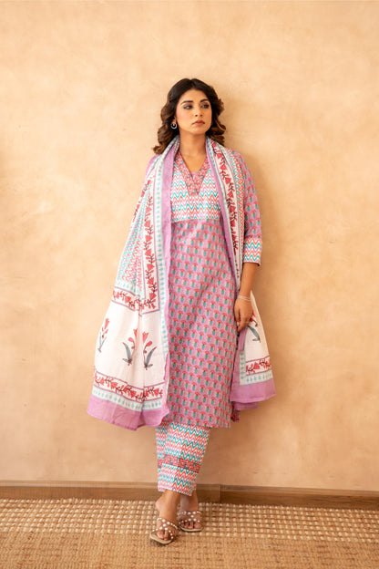Lavender Handblock Cotton Suit Set with Mul Dupatta