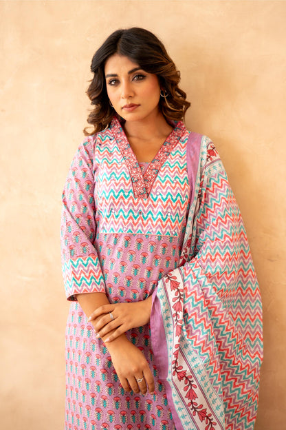 Lavender Handblock Cotton Suit Set with Mul Dupatta