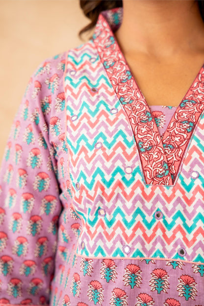 Lavender Handblock Cotton Suit Set with Mul Dupatta