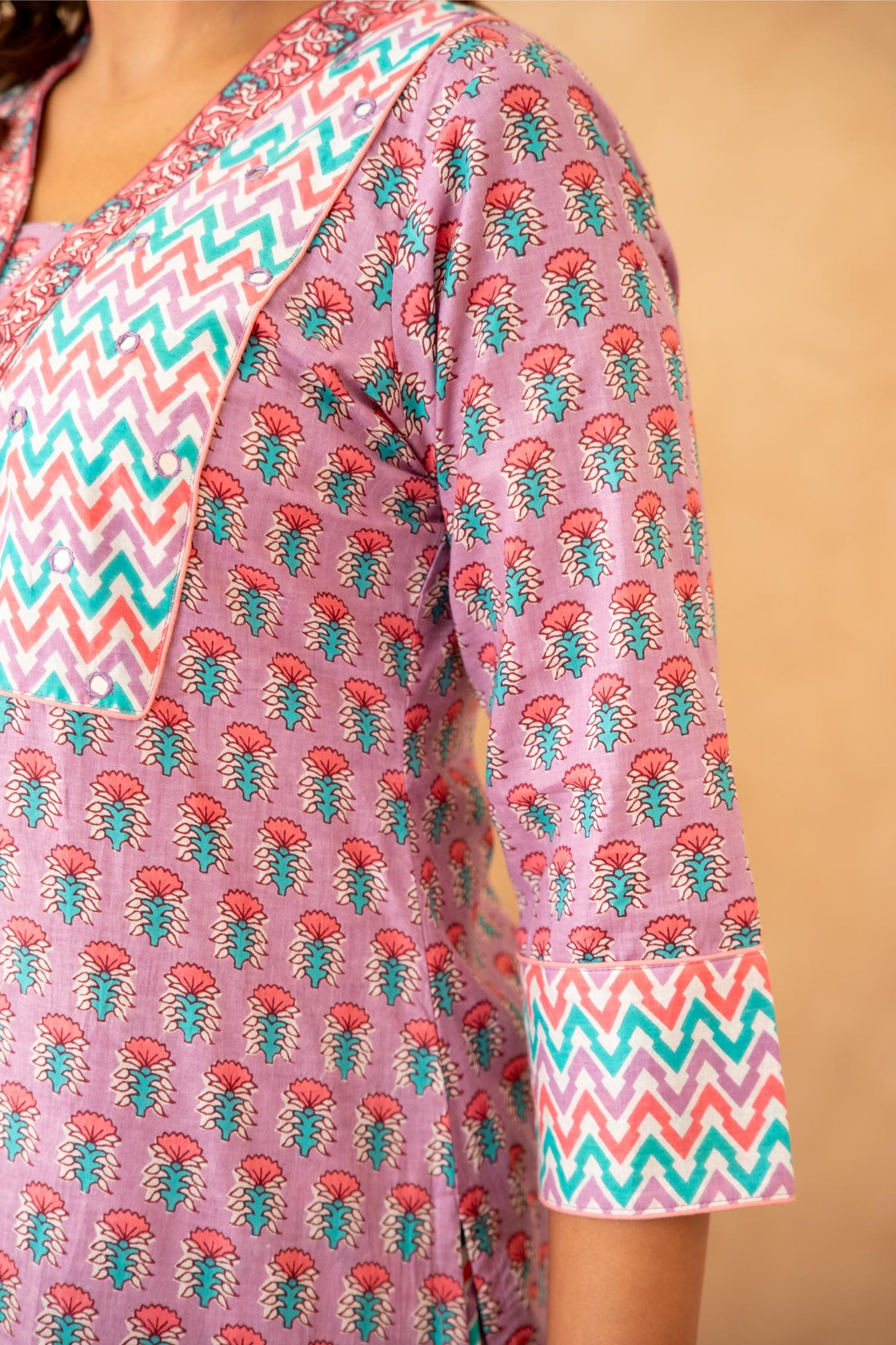 Lavender Handblock Cotton Suit Set with Mul Dupatta