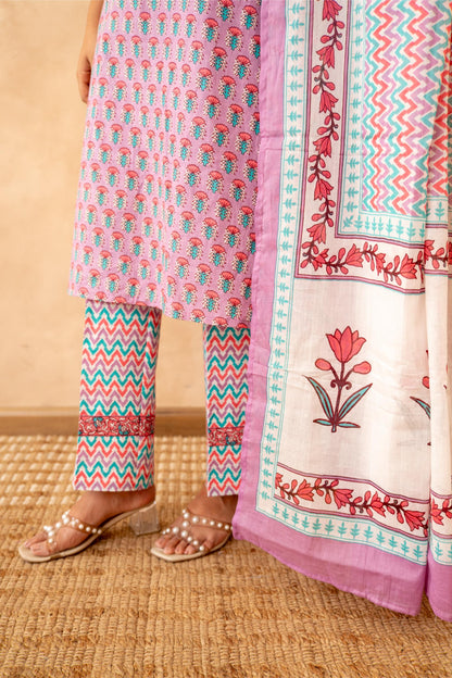 Lavender Handblock Cotton Suit Set with Mul Dupatta