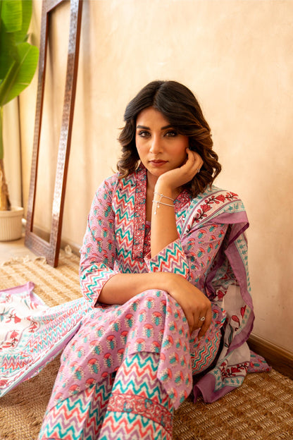 Lavender Handblock Cotton Suit Set with Mul Dupatta