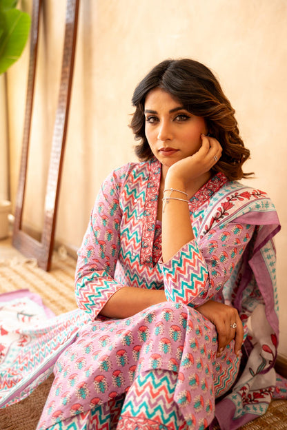 Lavender Handblock Cotton Suit Set with Mul Dupatta