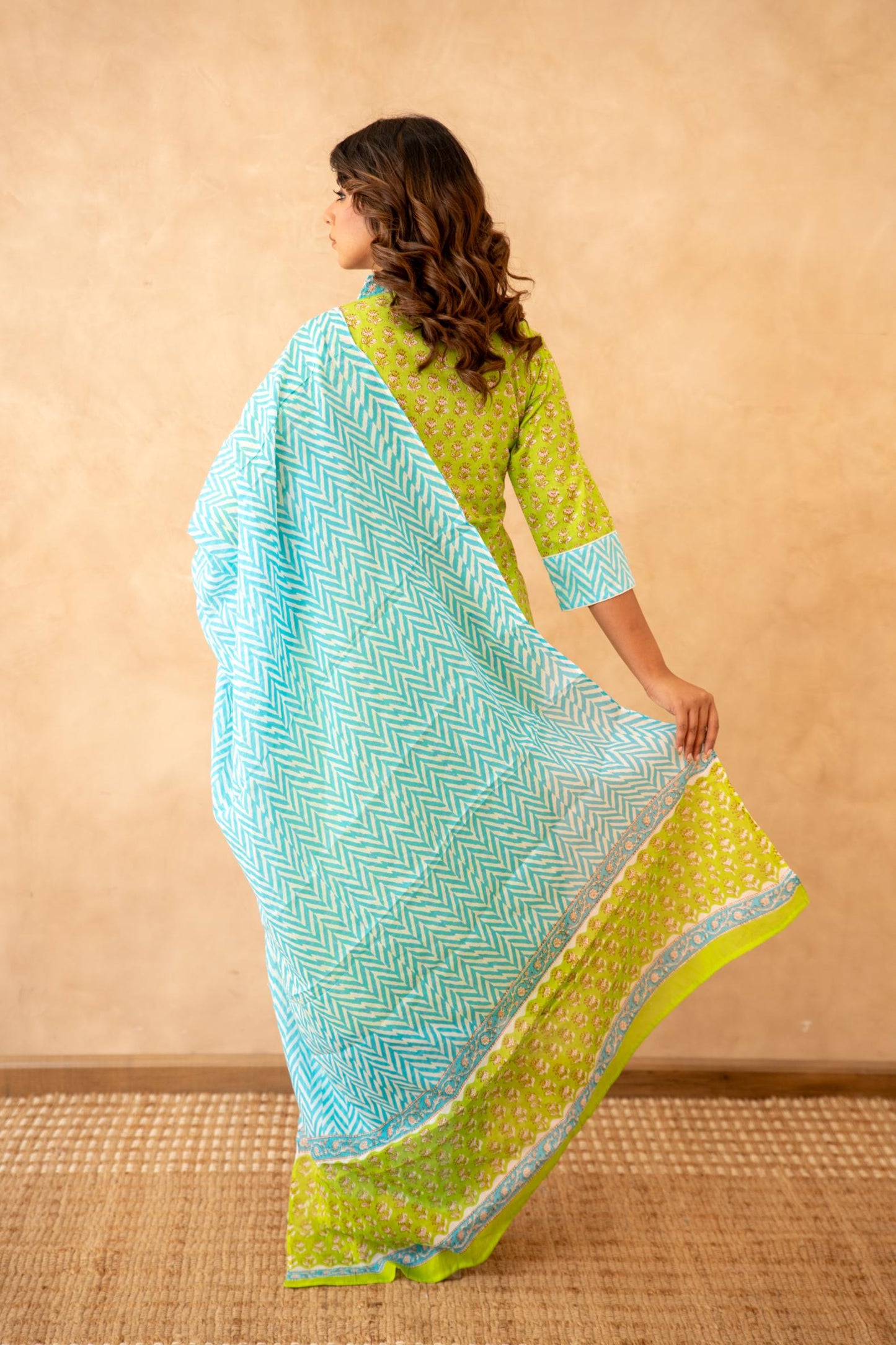 Lime Green Handblock Lehariya Cotton Suit Set with Mul Cotton Dupatta