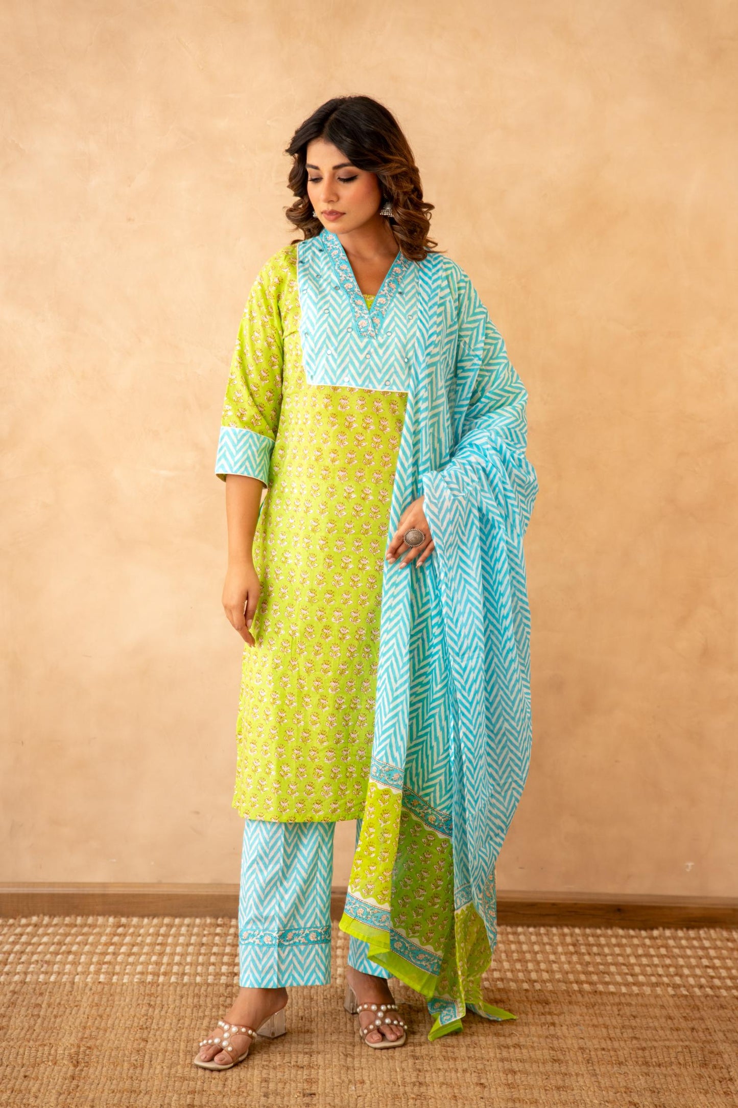 Lime Green Handblock Lehariya Cotton Suit Set with Mul Cotton Dupatta