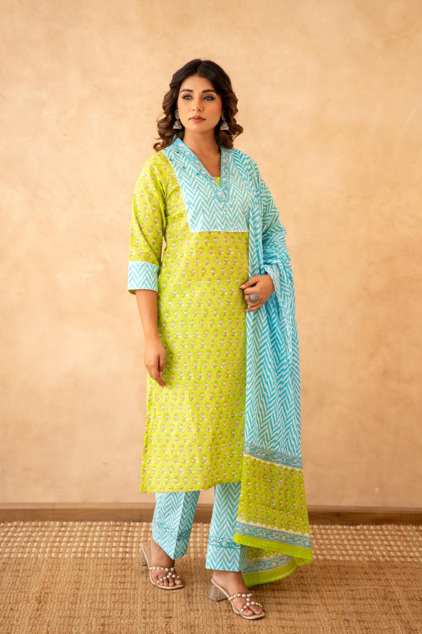 Lime Green Handblock Lehariya Cotton Suit Set with Mul Cotton Dupatta