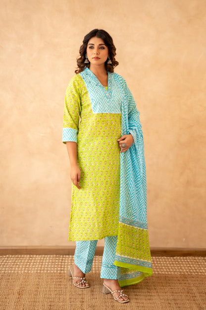 Lime Green Handblock Lehariya Cotton Suit Set with Mul Cotton Dupatta