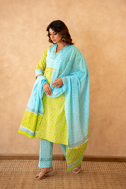 Lime Green Handblock Lehariya Cotton Suit Set with Mul Cotton Dupatta