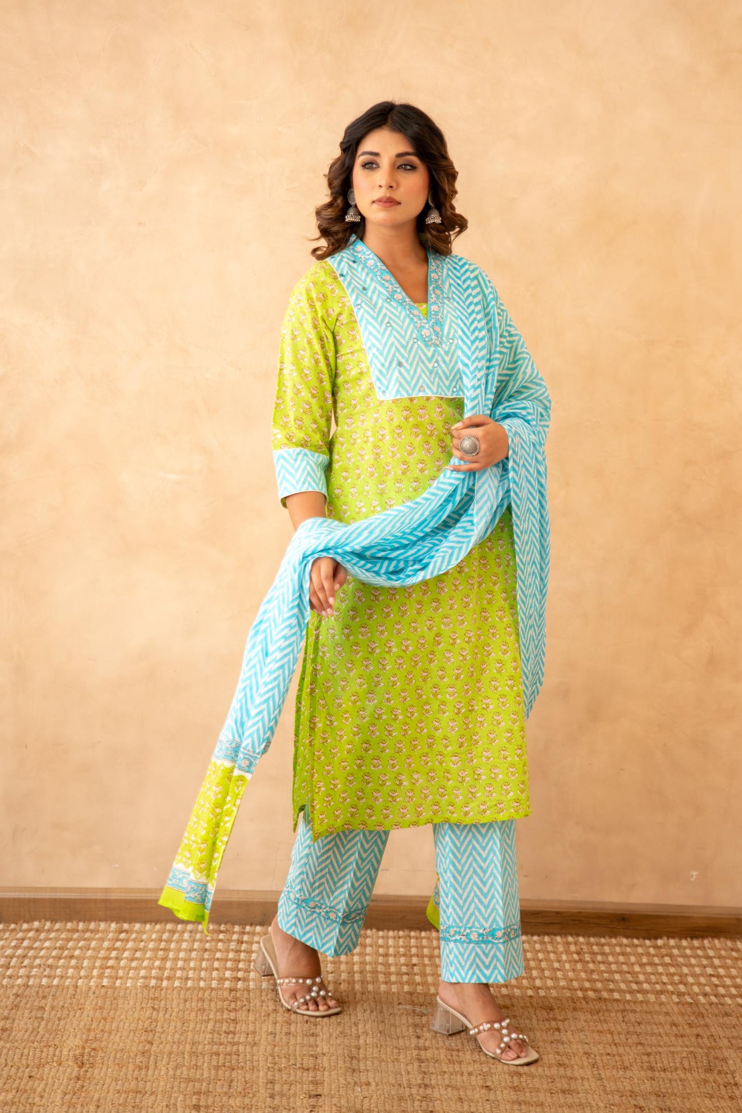 Lime Green Handblock Lehariya Cotton Suit Set with Mul Cotton Dupatta