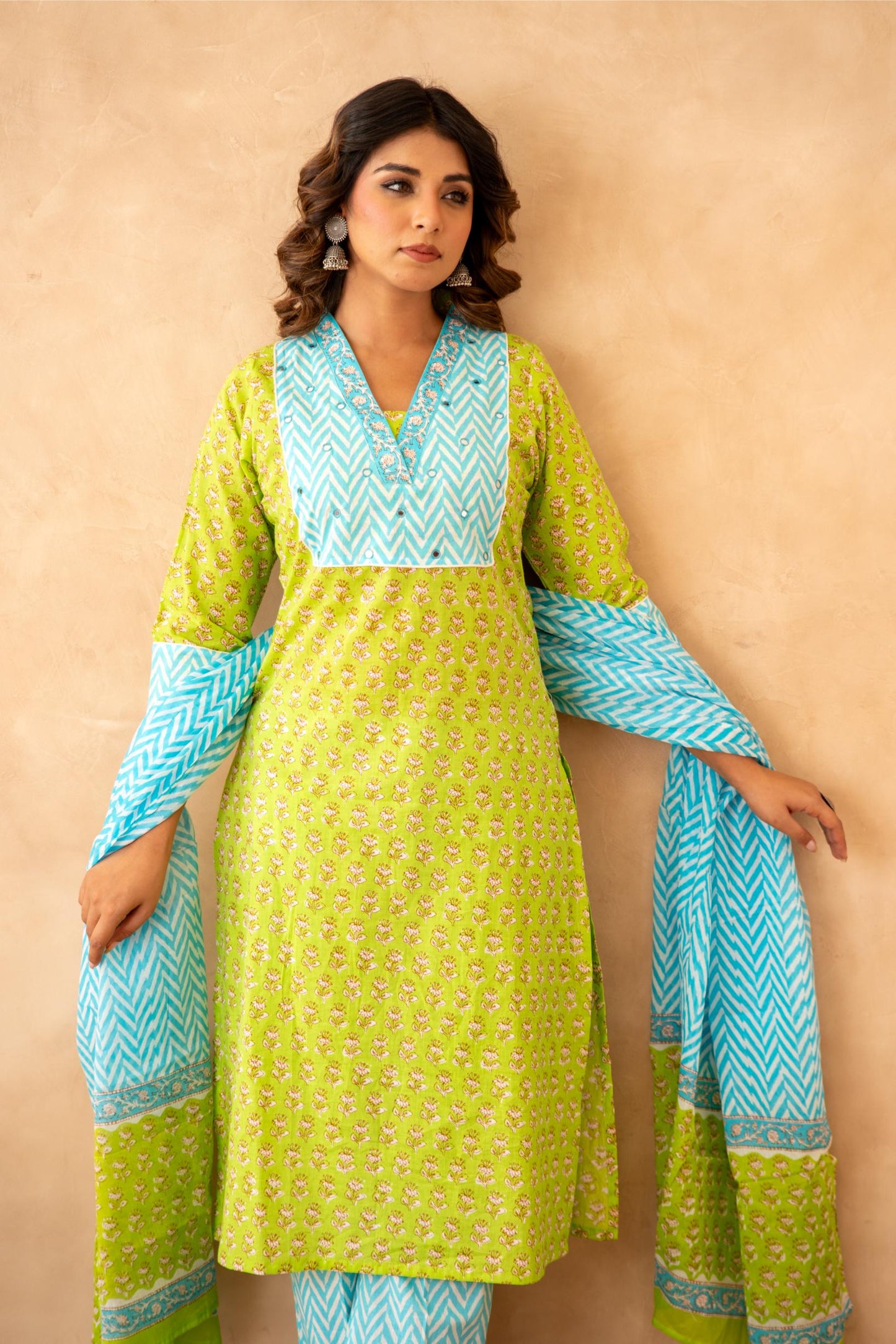 Lime Green Handblock Lehariya Cotton Suit Set with Mul Cotton Dupatta