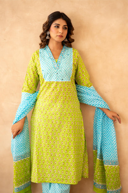 Lime Green Handblock Lehariya Cotton Suit Set with Mul Cotton Dupatta
