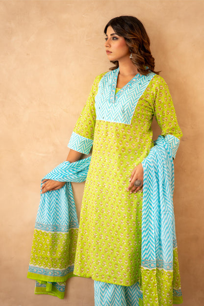 Lime Green Handblock Lehariya Cotton Suit Set with Mul Cotton Dupatta