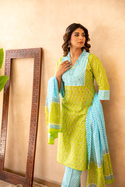 Lime Green Handblock Lehariya Cotton Suit Set with Mul Cotton Dupatta