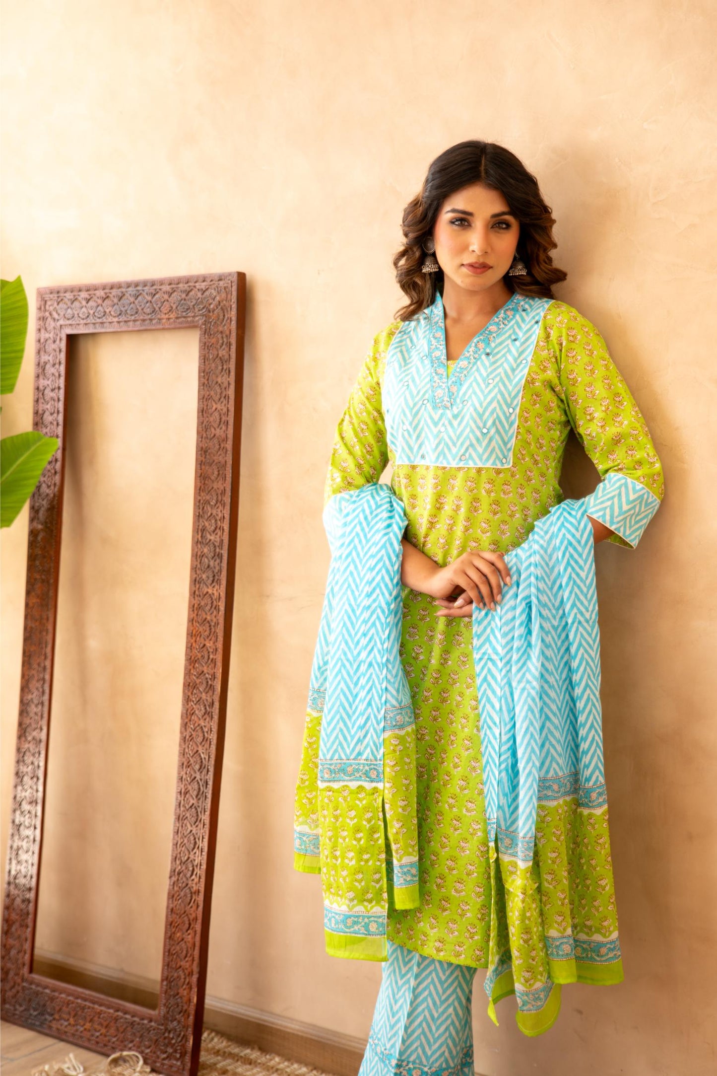 Lime Green Handblock Lehariya Cotton Suit Set with Mul Cotton Dupatta
