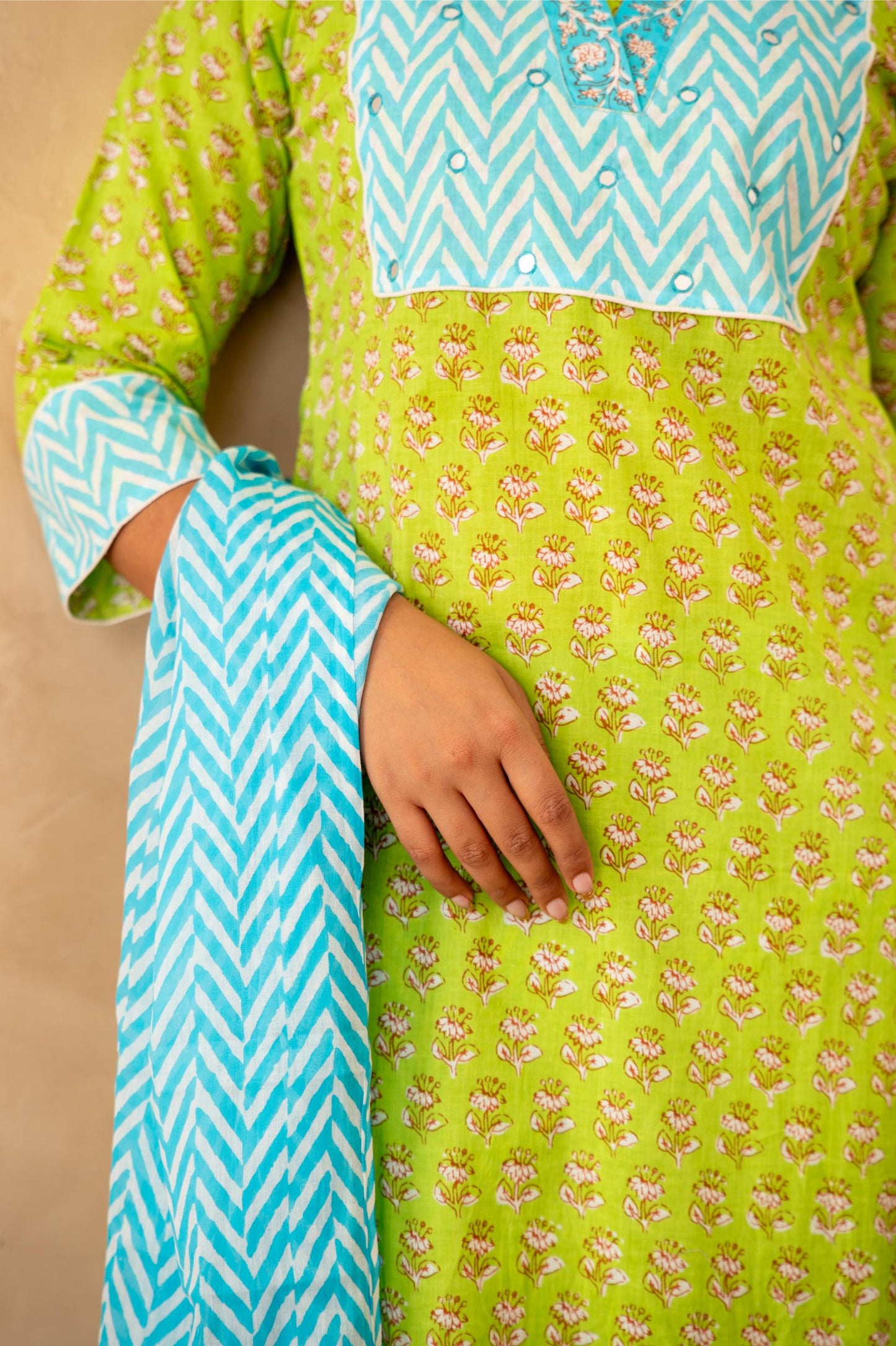 Lime Green Handblock Lehariya Cotton Suit Set with Mul Cotton Dupatta