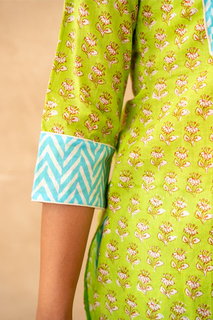 Lime Green Handblock Lehariya Cotton Suit Set with Mul Cotton Dupatta