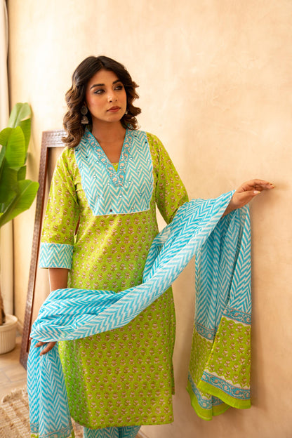 Lime Green Handblock Lehariya Cotton Suit Set with Mul Cotton Dupatta