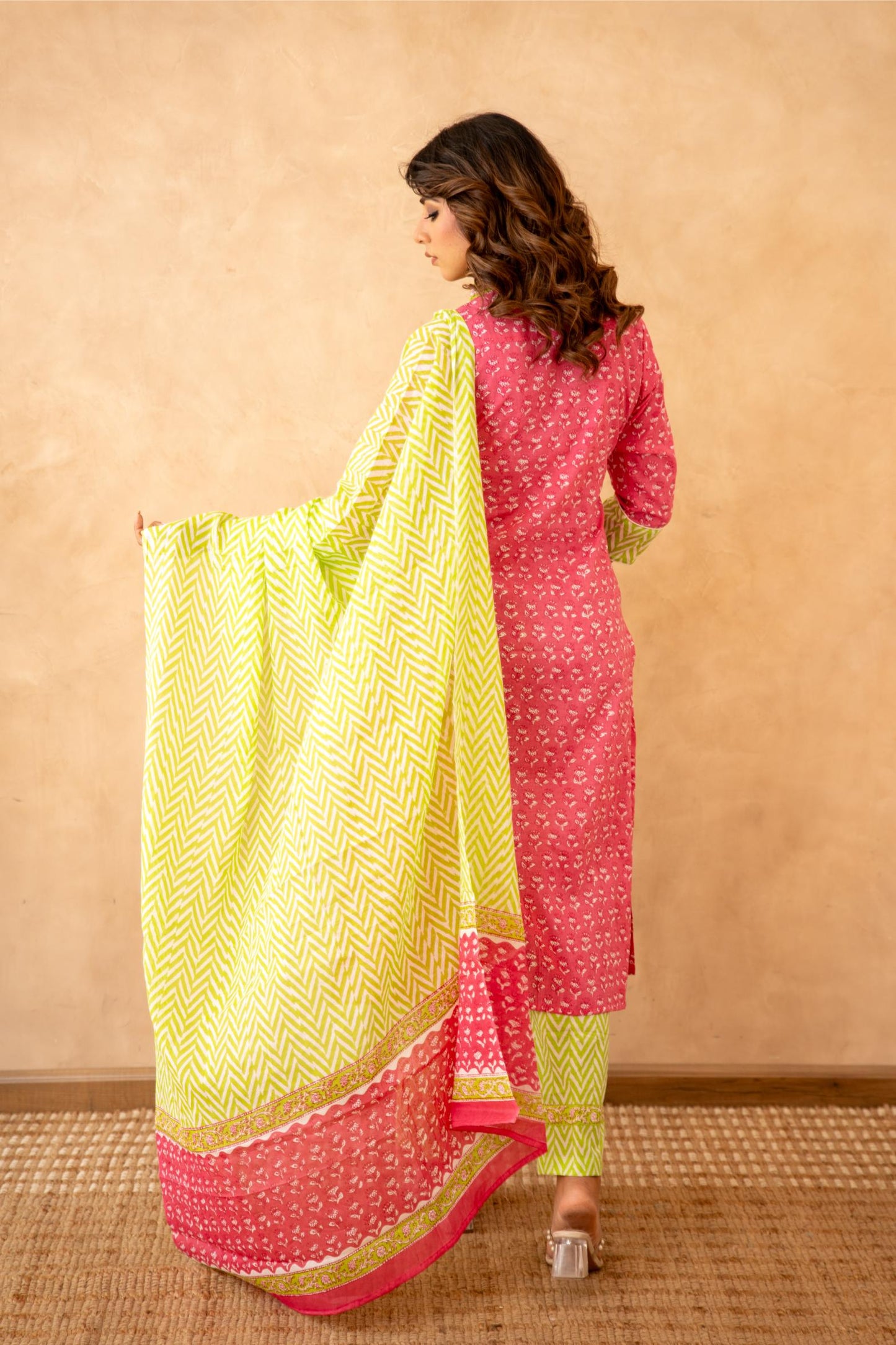 Rani Pink Handblock Lehariya Cotton Suit Set with Mul Cotton Dupatta