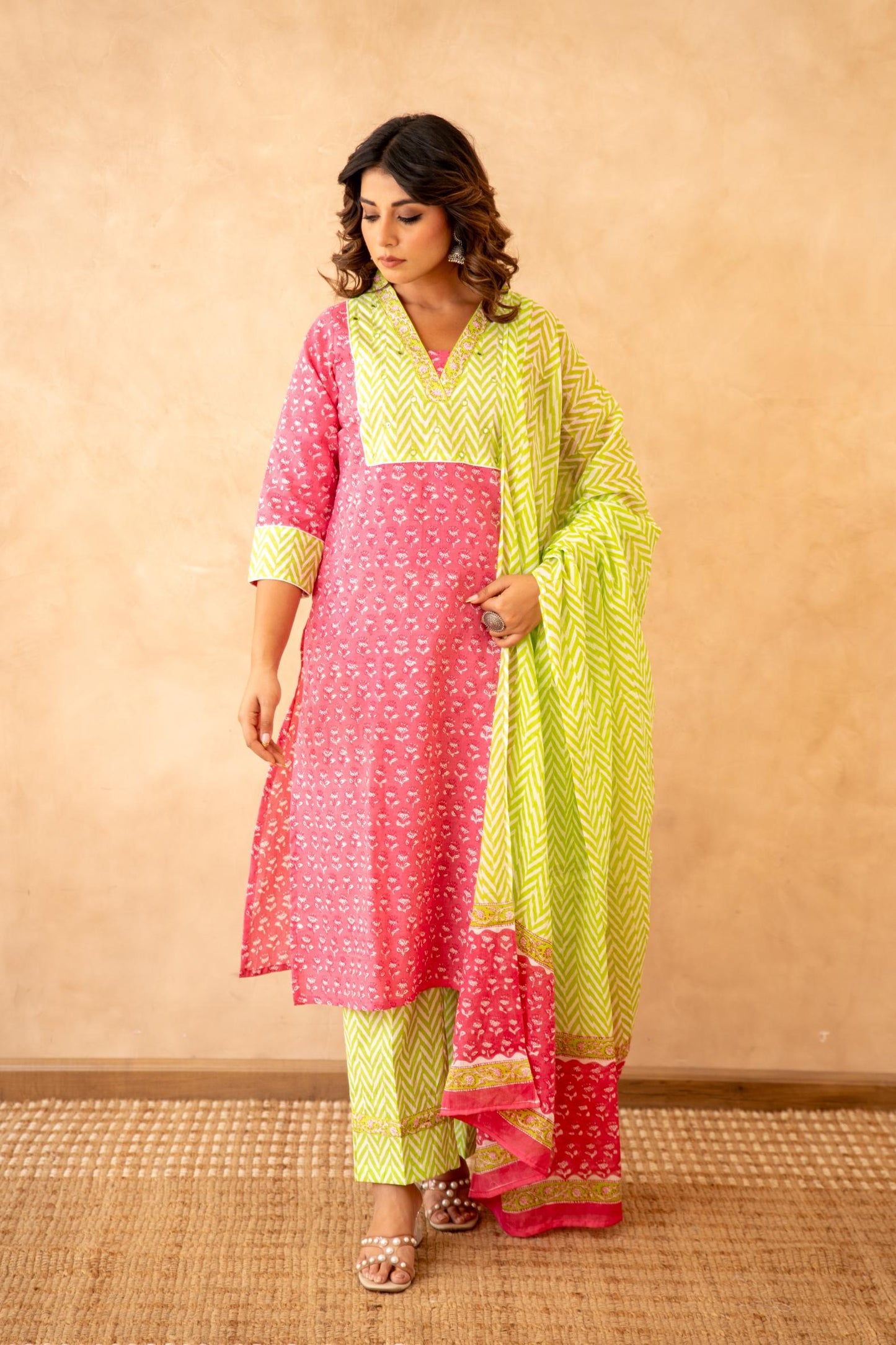 Rani Pink Handblock Lehariya Cotton Suit Set with Mul Cotton Dupatta