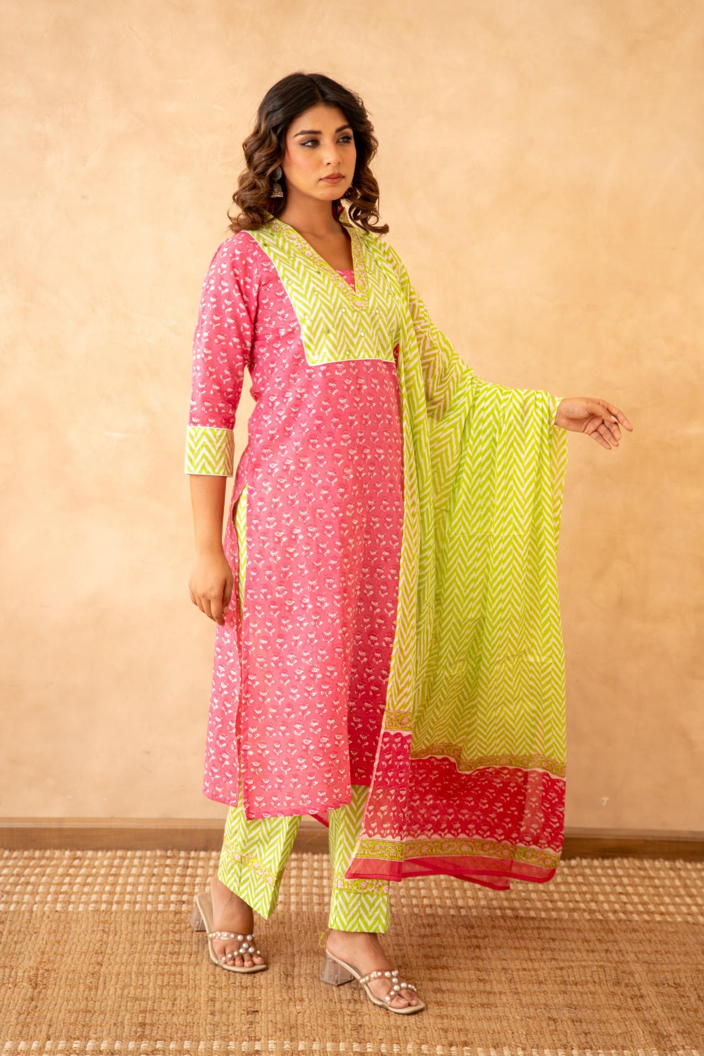 Rani Pink Handblock Lehariya Cotton Suit Set with Mul Cotton Dupatta