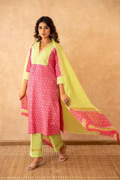 Rani Pink Handblock Lehariya Cotton Suit Set with Mul Cotton Dupatta