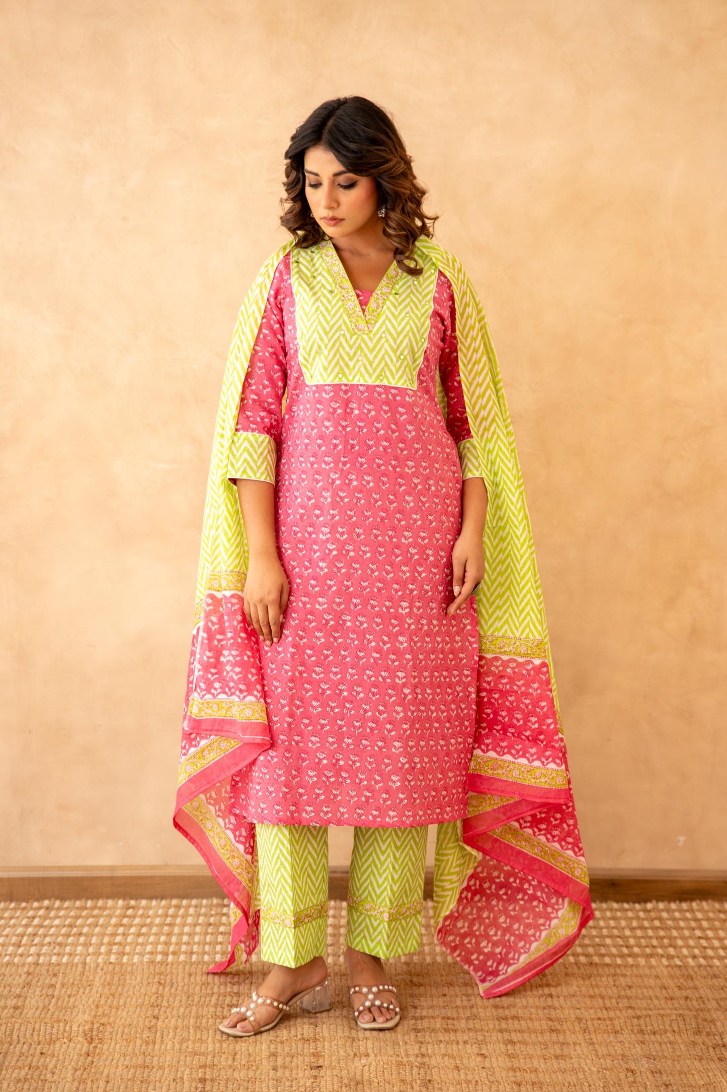 Rani Pink Handblock Lehariya Cotton Suit Set with Mul Cotton Dupatta