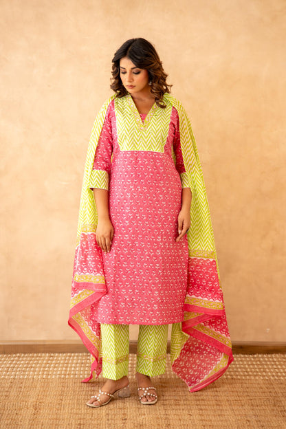 Rani Pink Handblock Lehariya Cotton Suit Set with Mul Cotton Dupatta