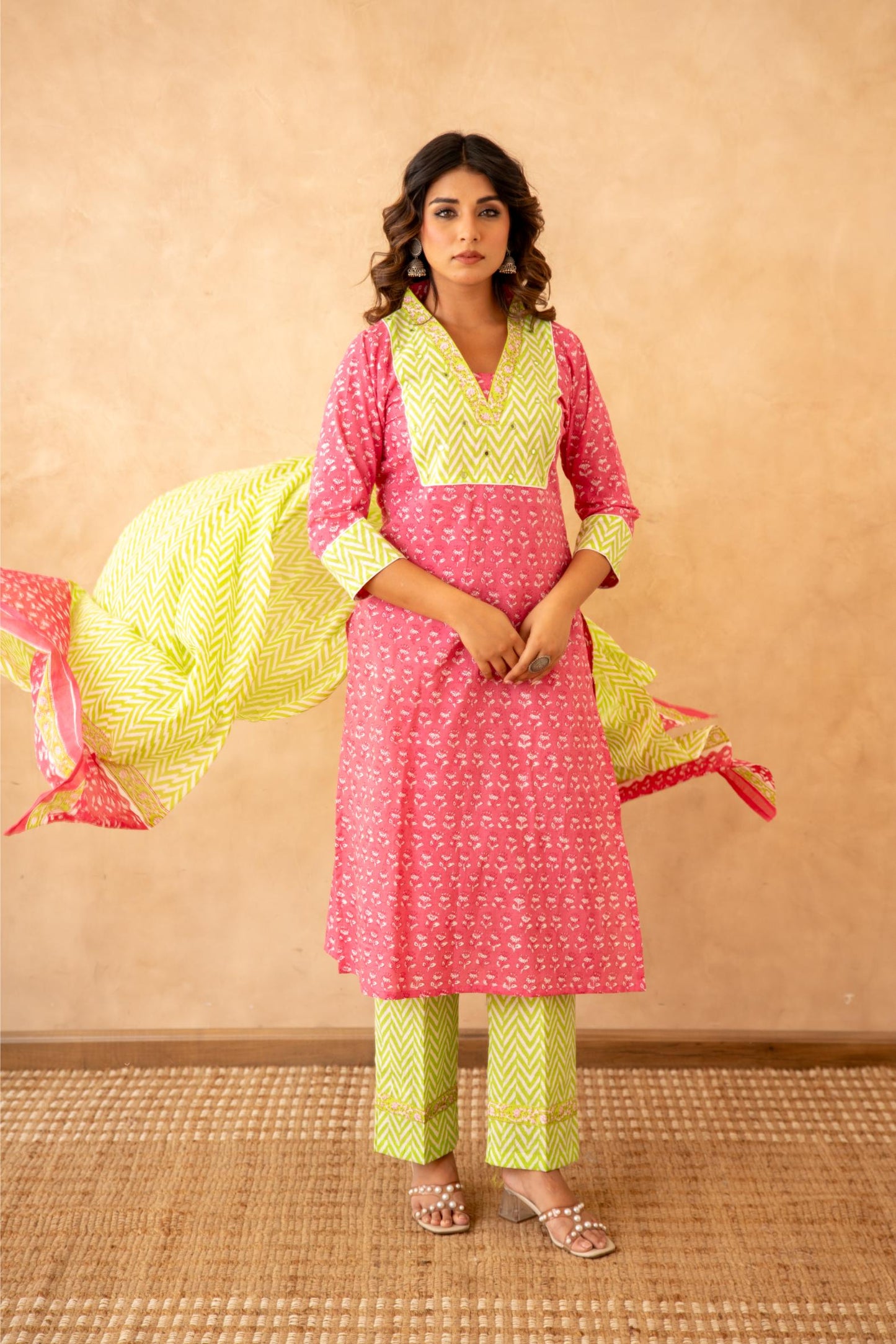 Rani Pink Handblock Lehariya Cotton Suit Set with Mul Cotton Dupatta