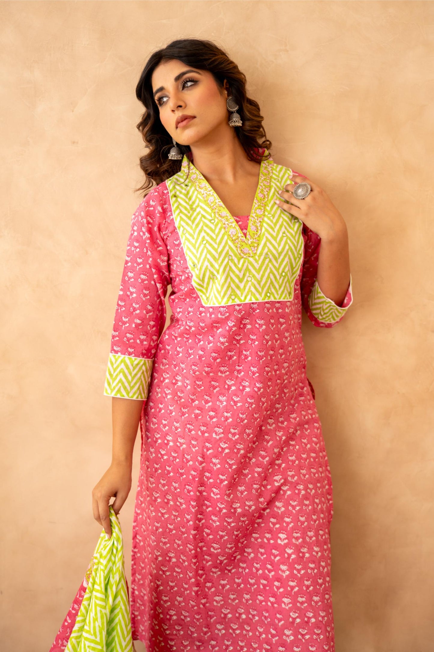 Rani Pink Handblock Lehariya Cotton Suit Set with Mul Cotton Dupatta