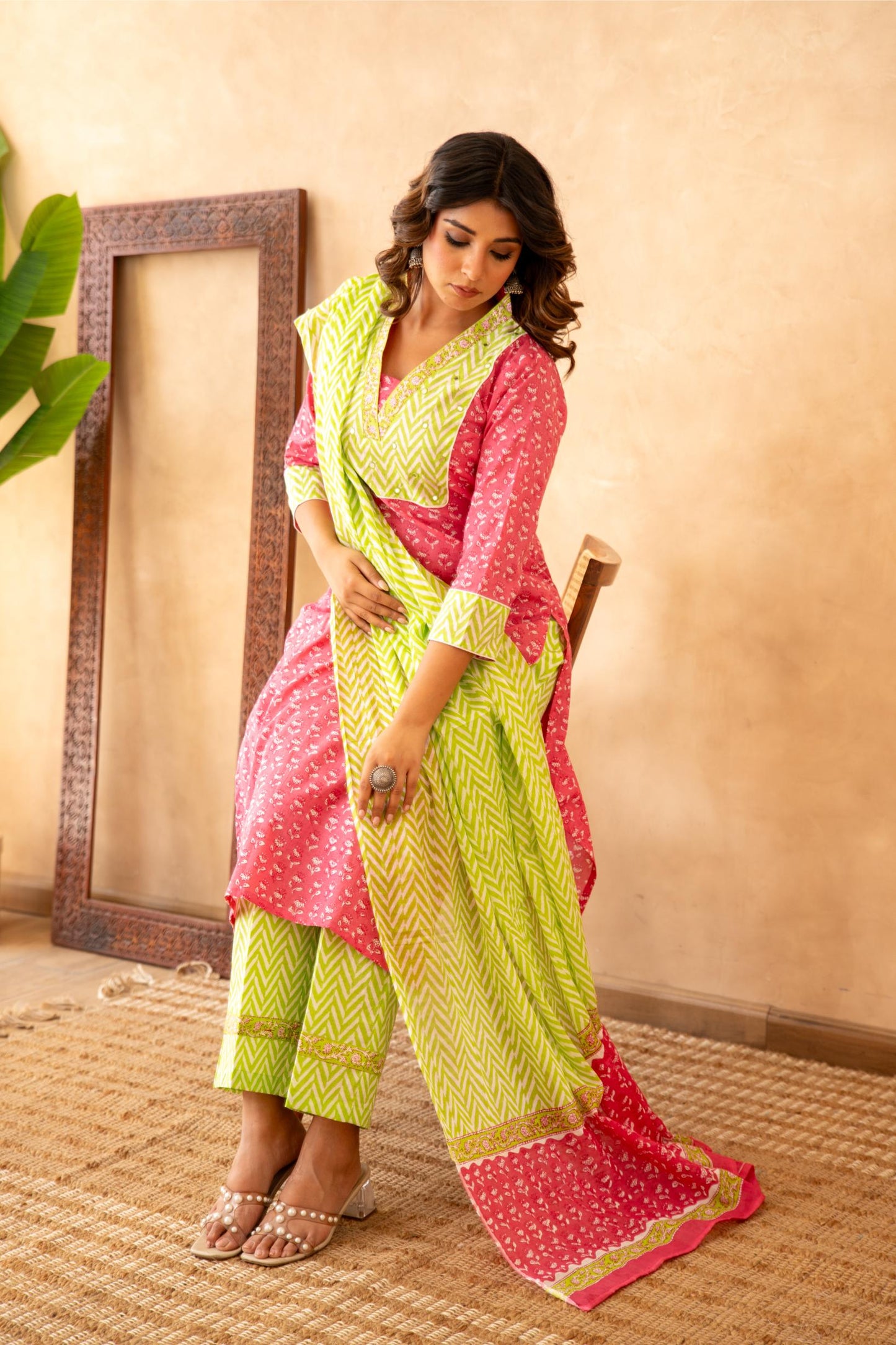 Rani Pink Handblock Lehariya Cotton Suit Set with Mul Cotton Dupatta