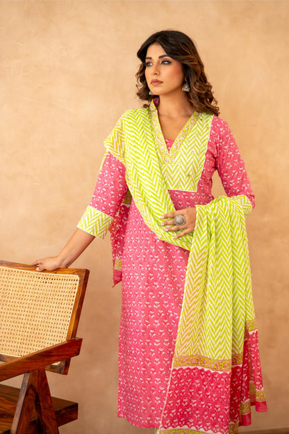 Rani Pink Handblock Lehariya Cotton Suit Set with Mul Cotton Dupatta
