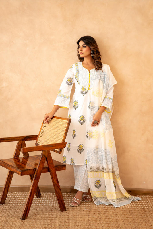 Sunflower Handblock Cotton Suit Set with Mul Cotton Dupatta