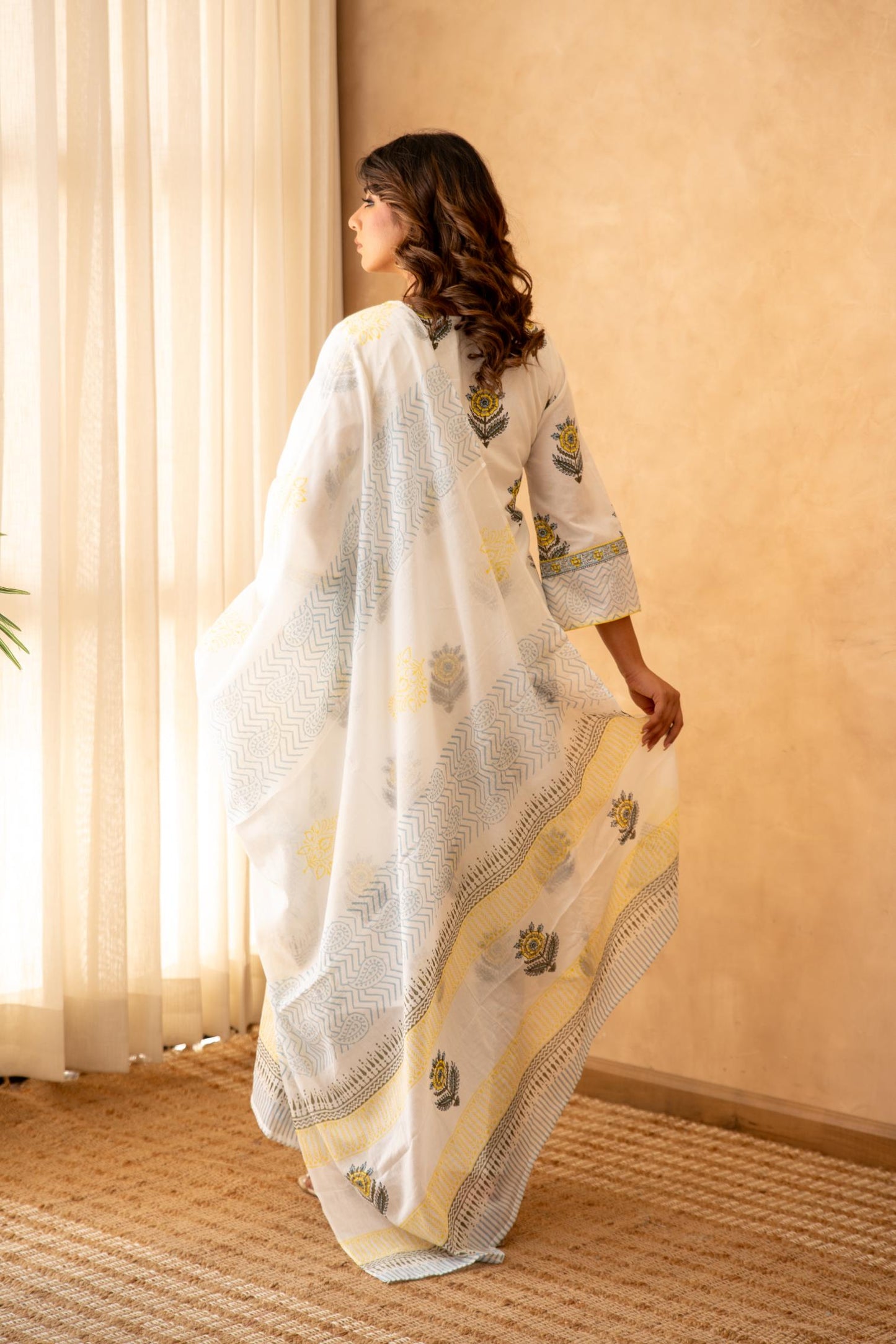 Sunflower Handblock Cotton Suit Set with Mul Cotton Dupatta
