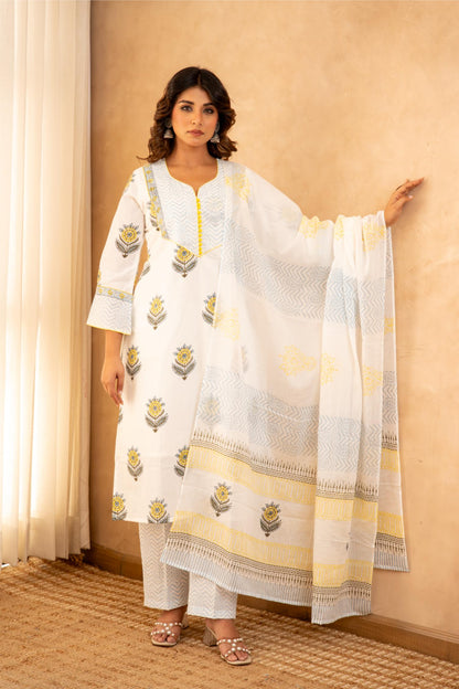 Sunflower Handblock Cotton Suit Set with Mul Cotton Dupatta