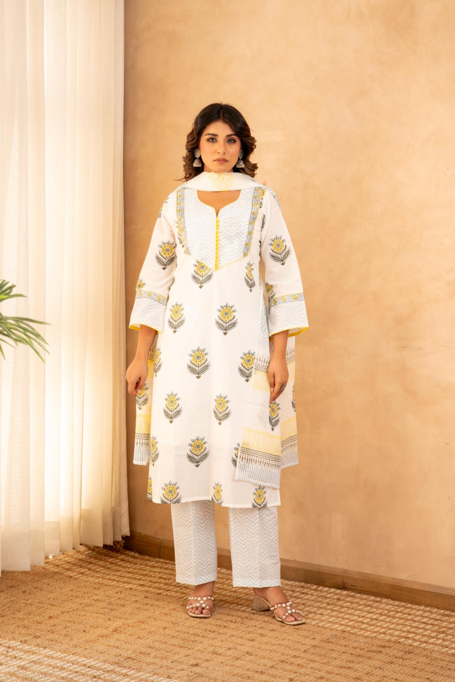 Sunflower Handblock Cotton Suit Set with Mul Cotton Dupatta