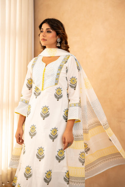 Sunflower Handblock Cotton Suit Set with Mul Cotton Dupatta