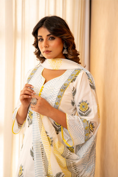 Sunflower Handblock Cotton Suit Set with Mul Cotton Dupatta